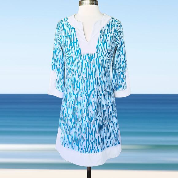 Jude Connally Holly Tunic Mini Dress Size Small Turquoise Blue & White Print